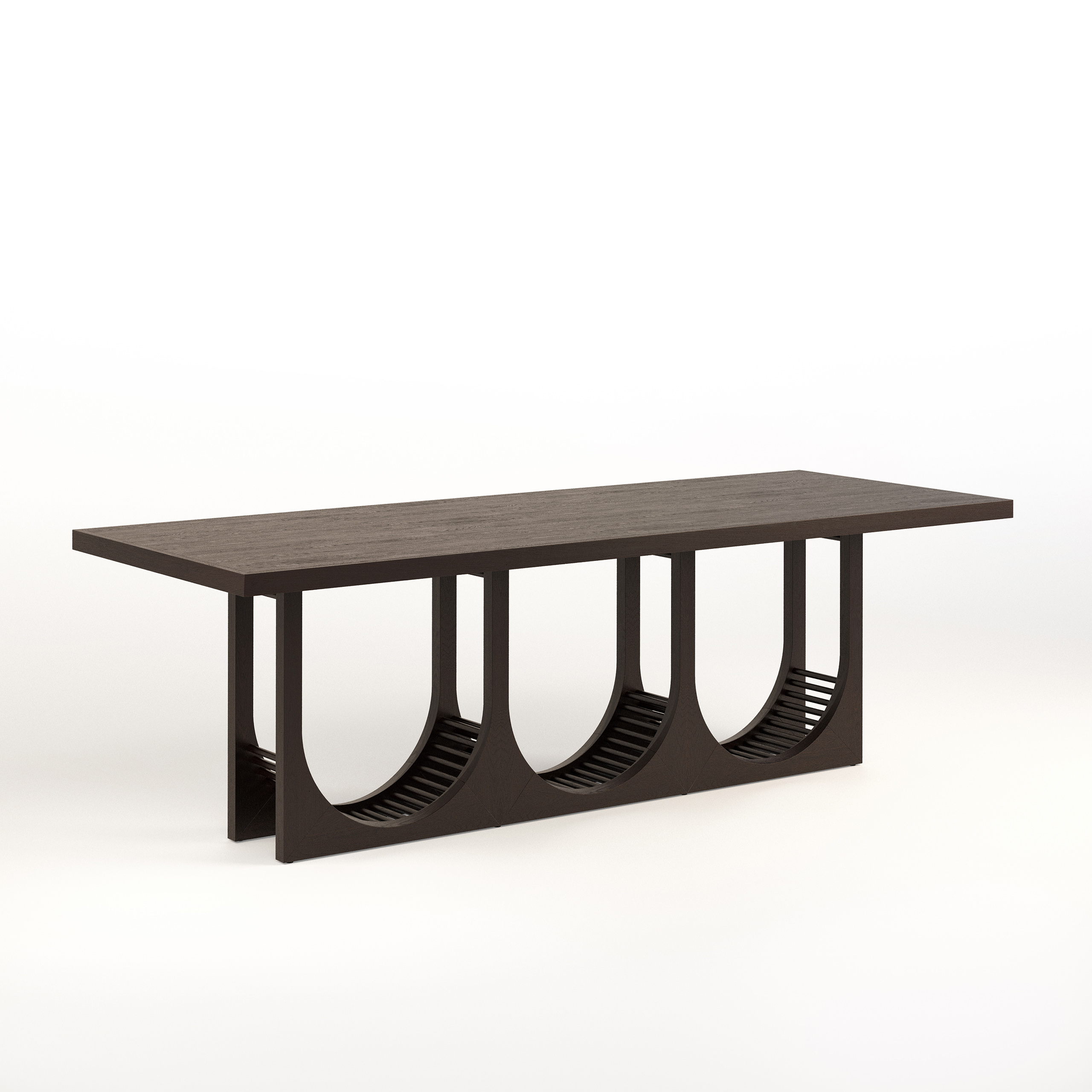 Écrin – table en chêne teinté sombre, piètement sculptural à trois arcades avec barreaux incurvés